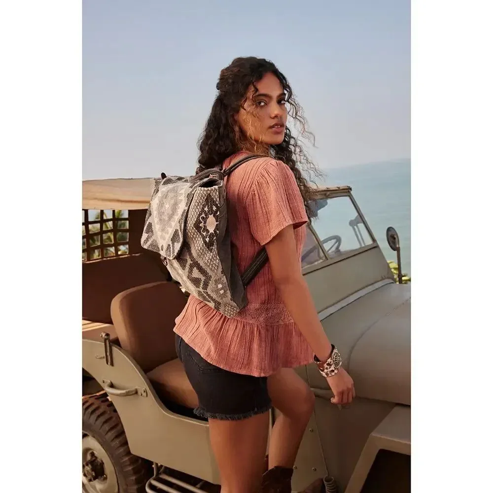 Myra Bag Handmade Arrowhead Backpack Upcycled Canvas & Cowhide Leather